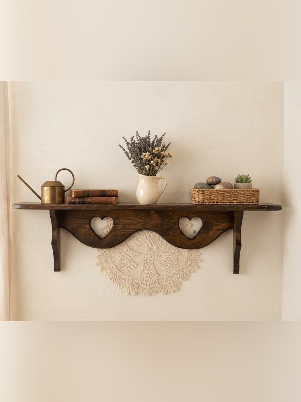 Beautiful Rustic Heart Wall Shelf/Trinket Shelf in Dark Wood - 36”